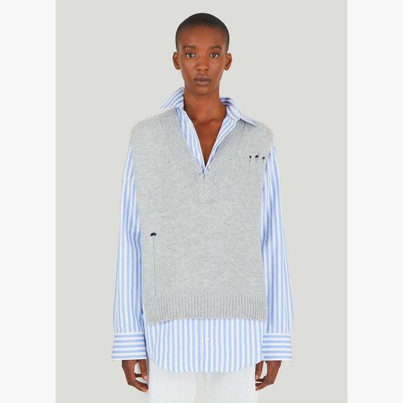 Maison Margiela Distressed Gray Vest Layered Blue & White Stripe Shirt - Picture 1 of 16